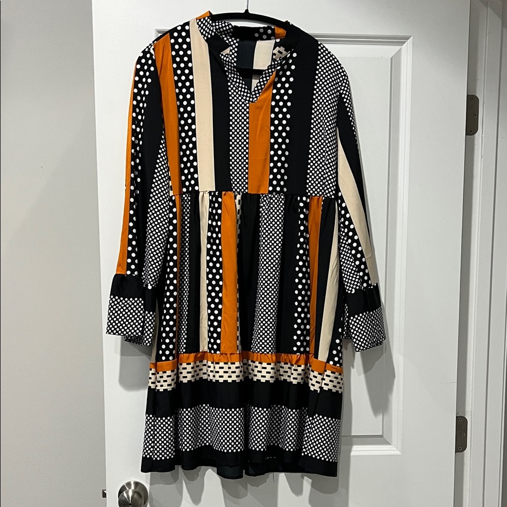Women's Black and Orange Polka Dot Stripe Dress
